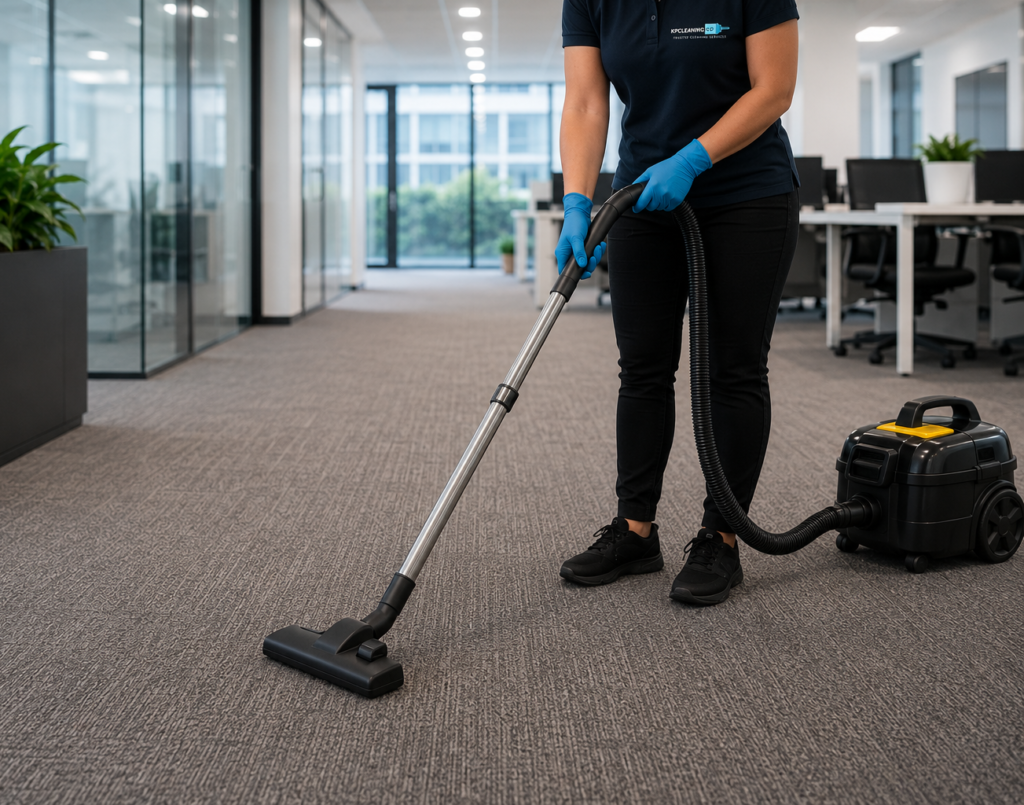 Professional house cleaner vacuuming carpet in Sydney office